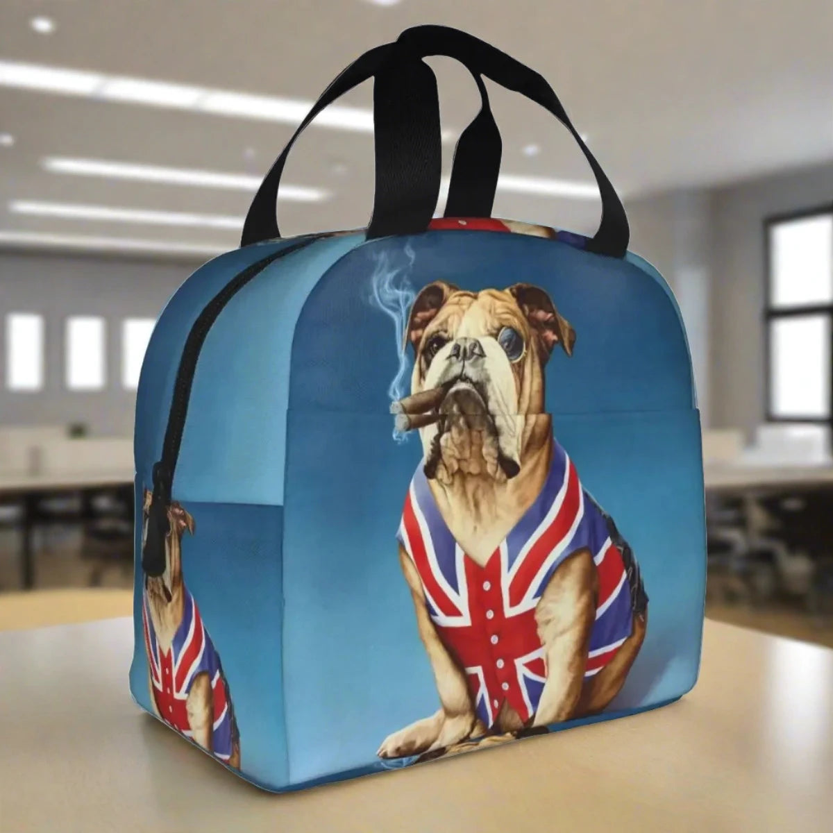 SniffWaggleNWalk Funny English Bulldog Insulated Lunch Bag — 14 designs, leakproof zipper, 22x20x13cm insulated tote