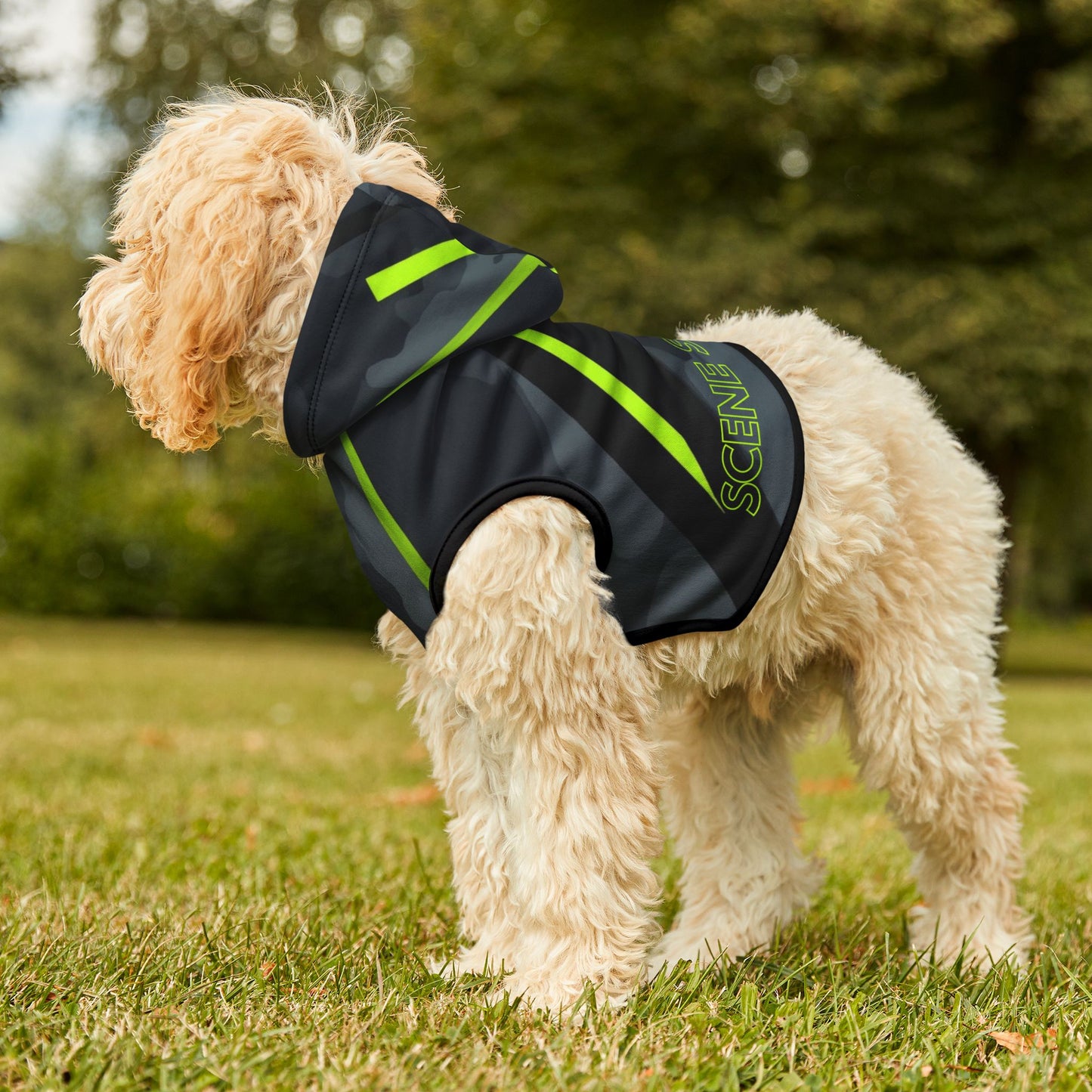 Detail shot of hood on Scene Stealer urban dog hoodie