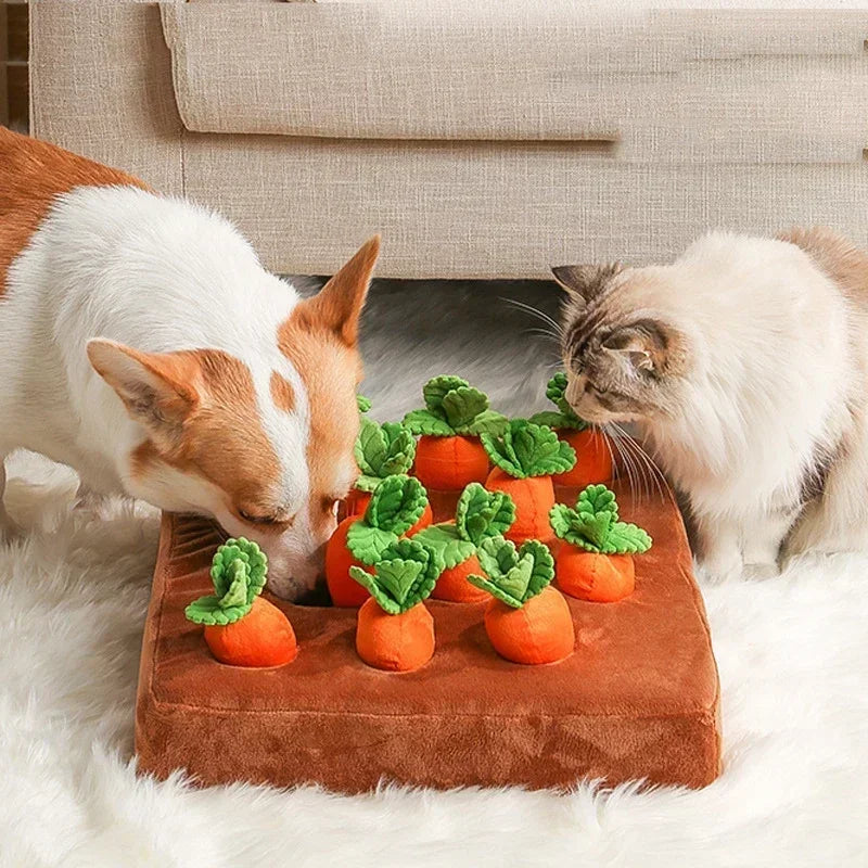 Carrot patch snuffle mat for dogs with plush pull-up carrots, view 2
