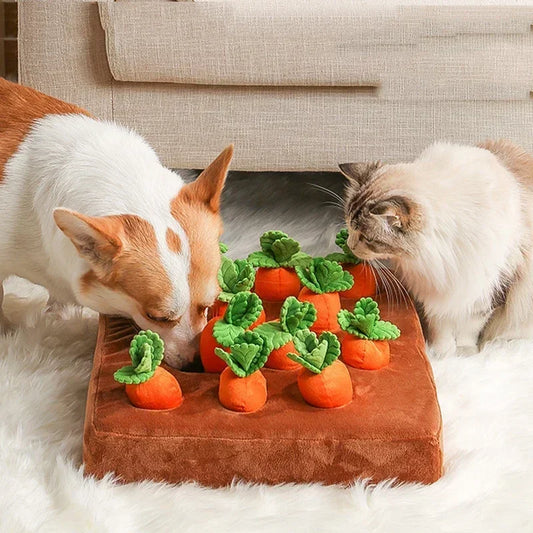 Carrot patch snuffle mat for dogs with plush pull-up carrots, view 2
