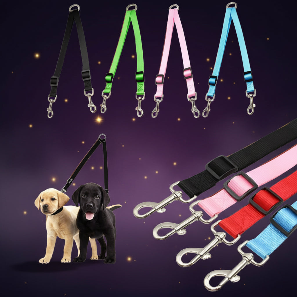 SniffWaggleNWalk TwinWalk™ two-dog lead coupler colour range — Pink, Red, Purple, Blue, Black, Green fixed style couplers