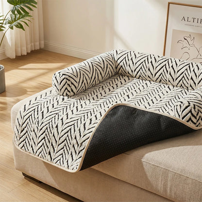 PawGuard plush sofa protector cushion for cats and dogs, white herringbone pattern