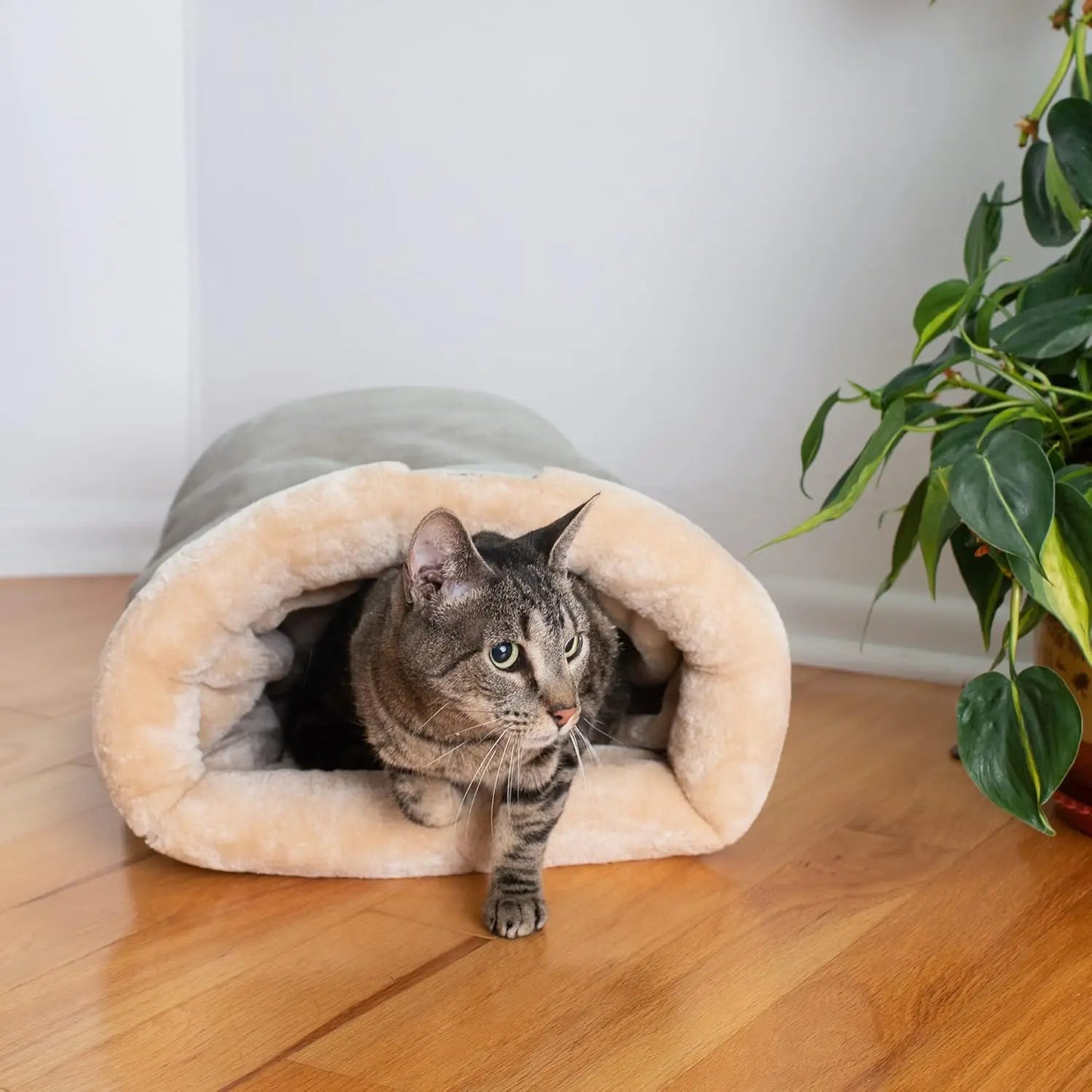 Fluffy cat sleeping bag in coffee brown, snug hideaway for cats