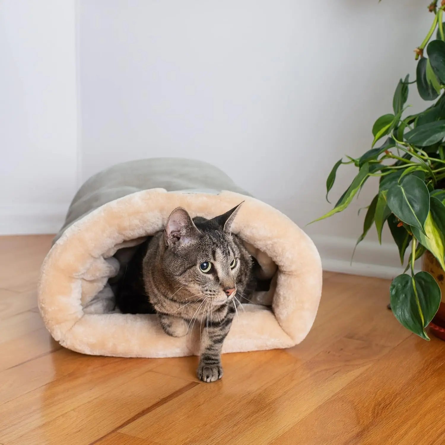 Fluffy cat sleeping bag in coffee brown, snug hideaway for cats
