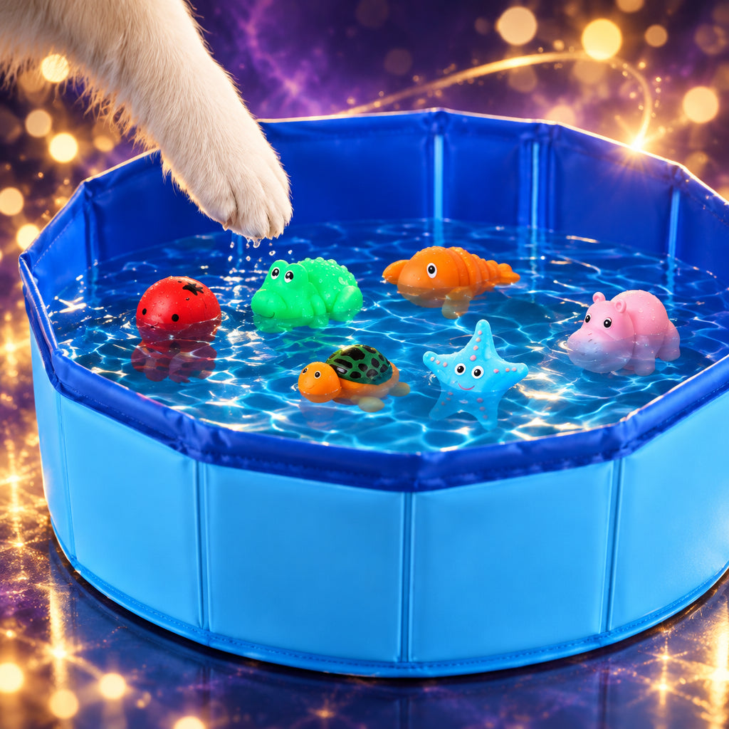Blue inflatable pool with colorful rubber duck toys and a paw in the water.