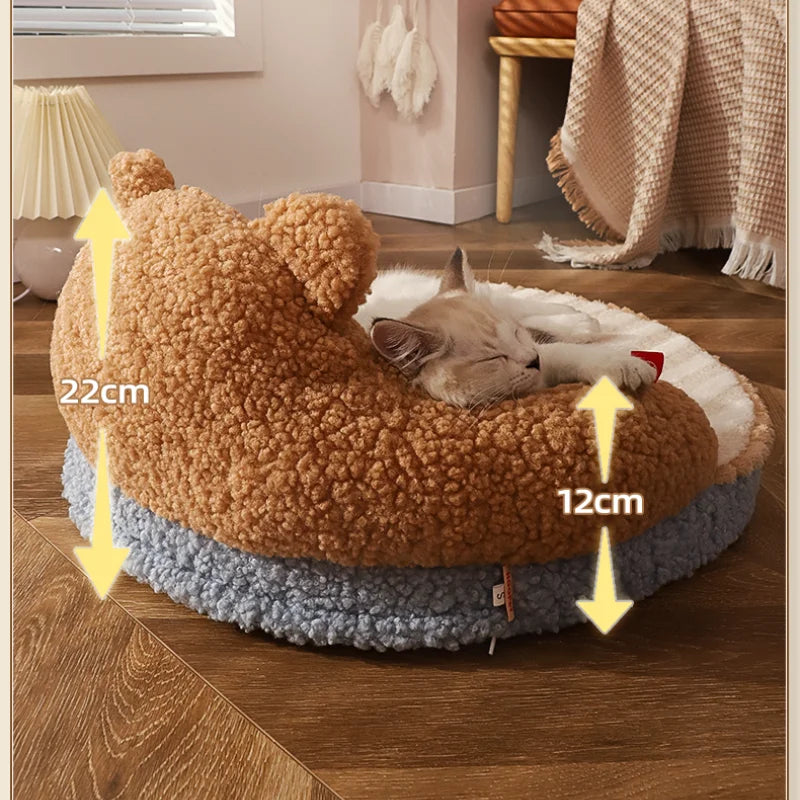 PoshPup HugNest™ Blue Pink round cat bed showing striped pink sleeping surface and cat character arms
