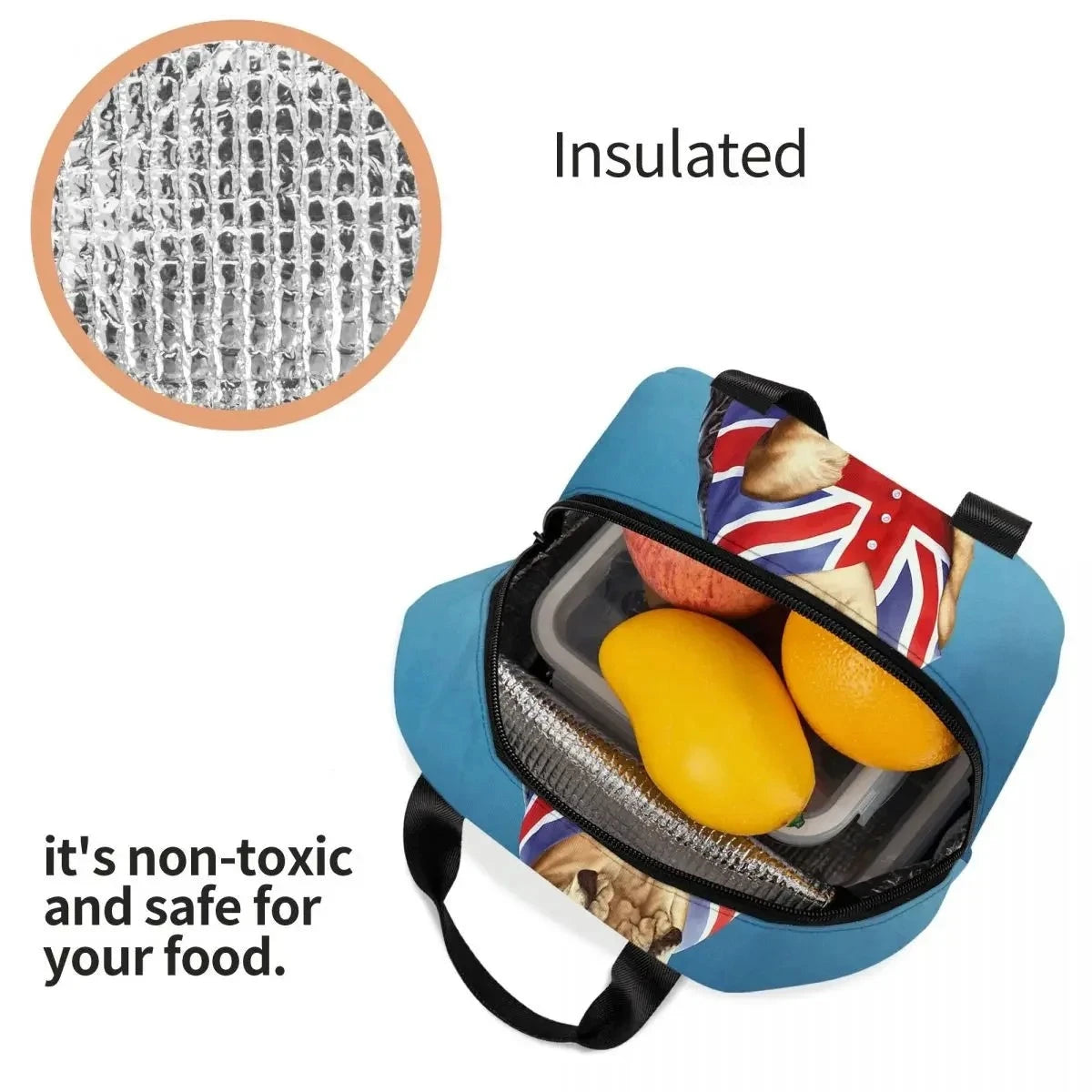 Funny bulldog design insulated tote bag — leakproof zipper closure, wipe clean, 22x20x13cm