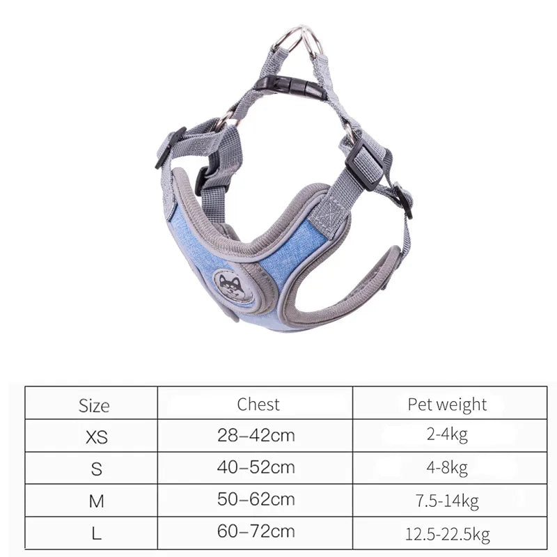 Purple SafeStep™ harness and 1.5m lead set — padded chest panel and size chart XS to L
