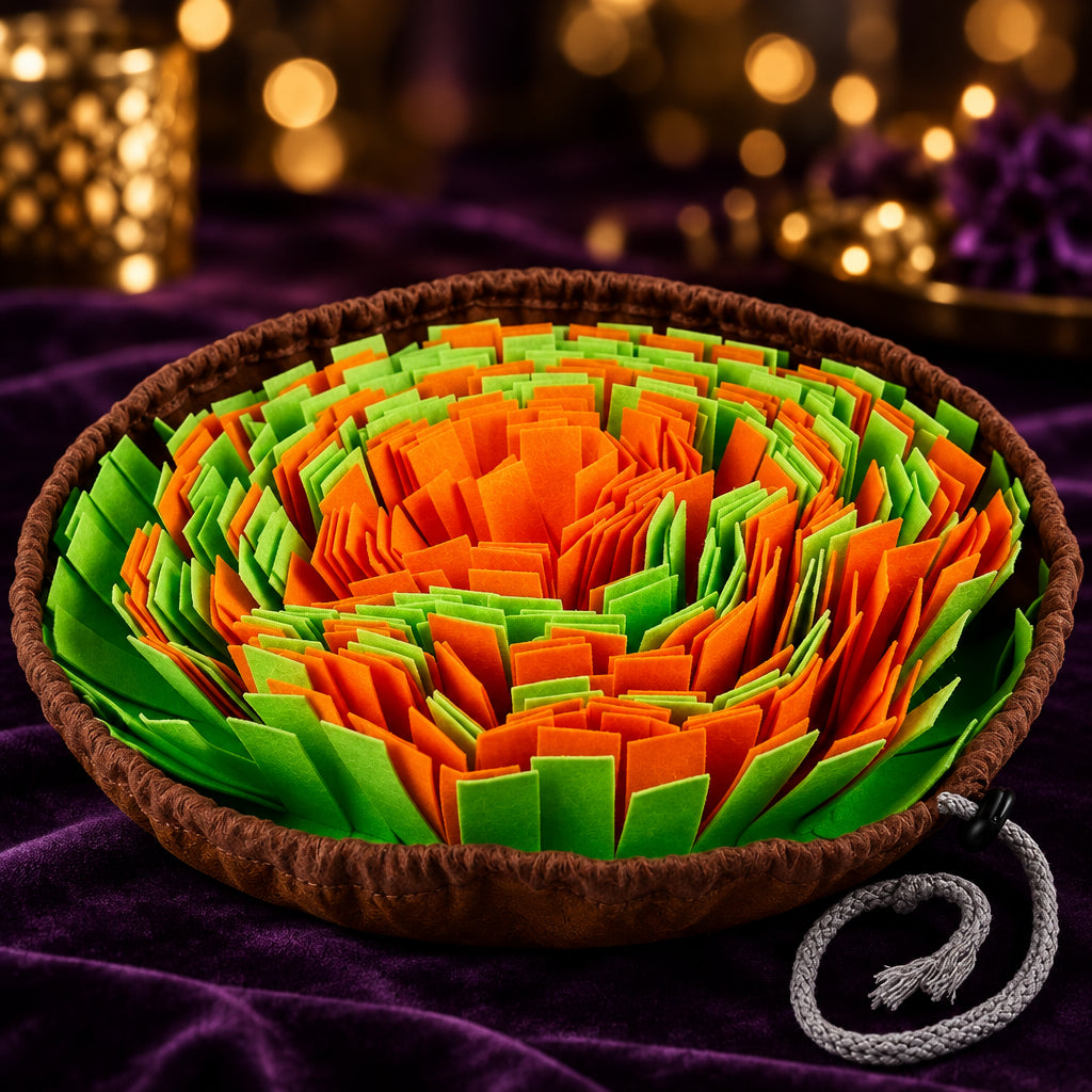 Orange and green felt snuffle mat for dogs, SniffNest foldable slow feeder