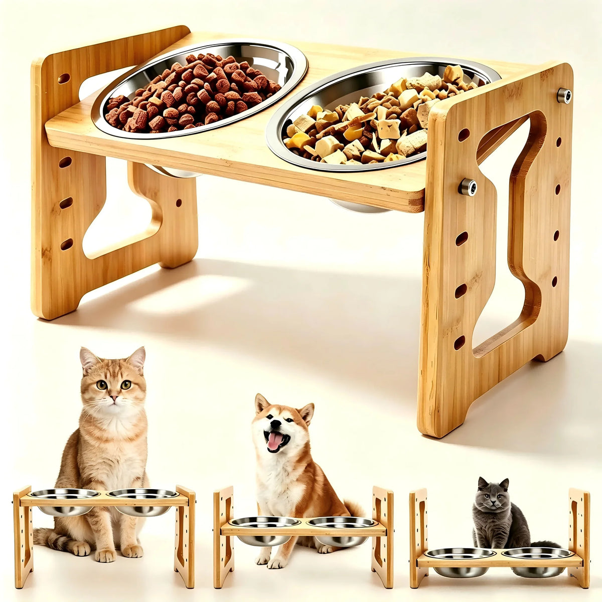 Wooden raised pet feeder with two stainless steel bowls