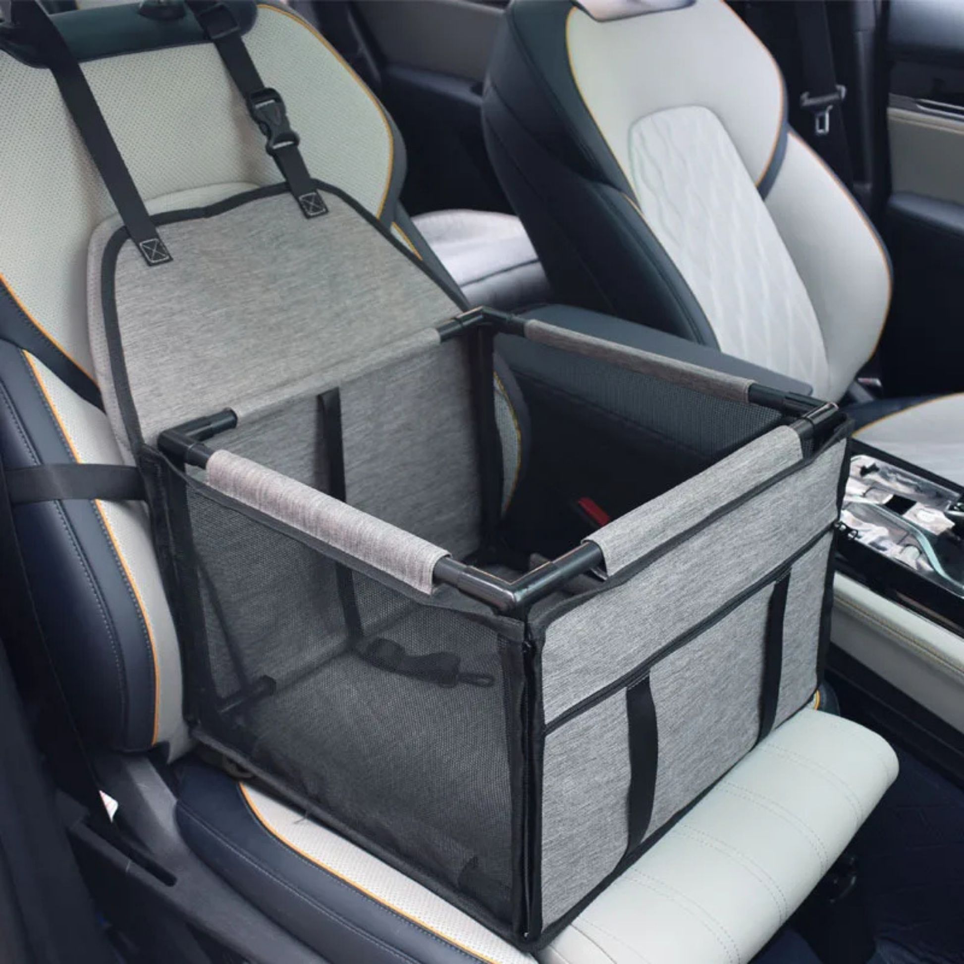 Close-up of rear seatbelt loop anchoring PupRide dog booster seat firmly to vehicle seat