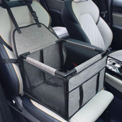 Close-up of rear seatbelt loop anchoring PupRide dog booster seat firmly to vehicle seat
