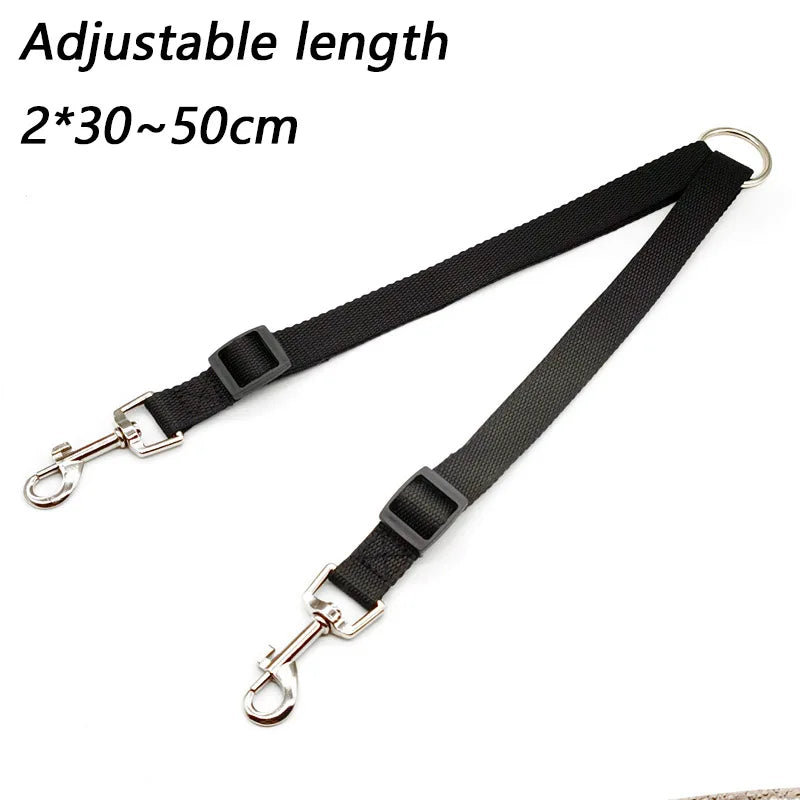 SniffWaggleNWalk TwinWalk™ fixed coupler — Black, Pink, Red, Blue versions showing 1.5cm webbing and chrome snap hooks
