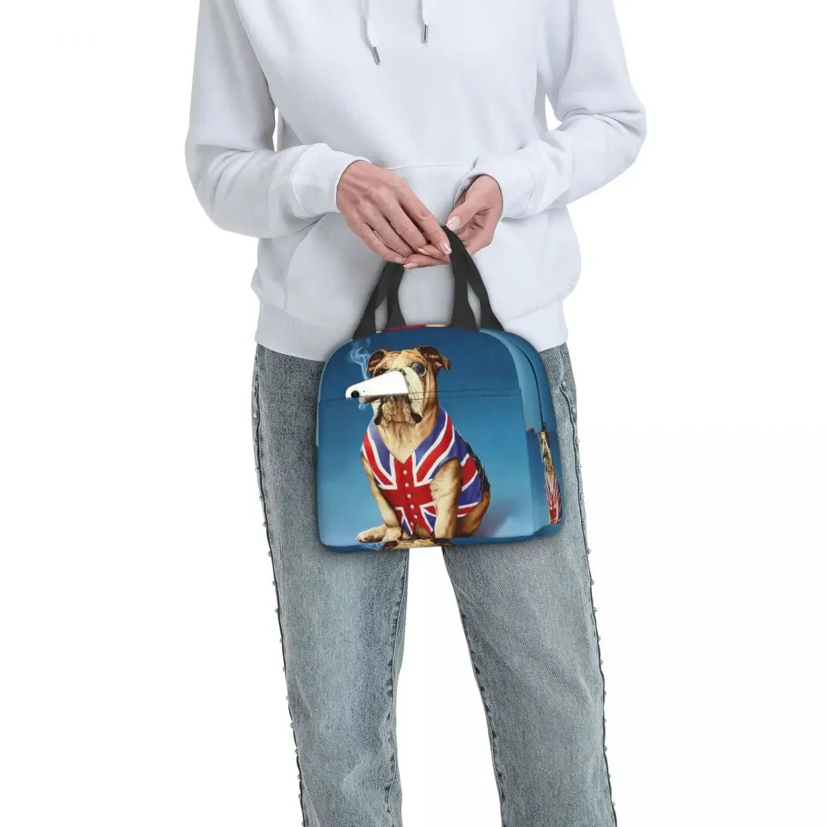 English bulldog illustrated lunch bag detail — funny bulldog artwork on insulated cooler tote