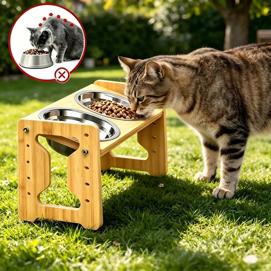 Wooden raised dog and cat feeder, front view