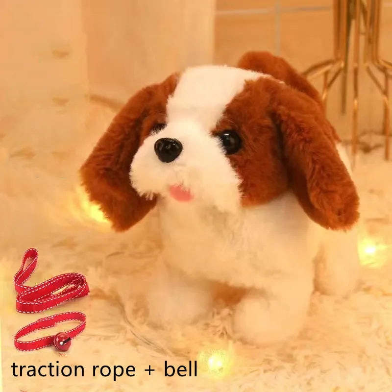 Child walking WoofWalker™ electronic plush puppy with Husky, Corgi and Teddy dog variants on floor