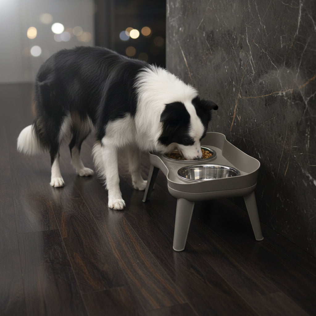Older Labrador eating from SuperDesign elevated dog feeder at comfortable chest height