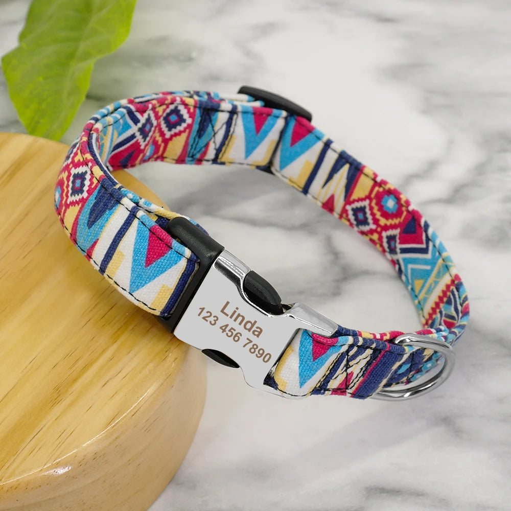 NameTag personalised dog collar orange geometric pattern engraved name buckle