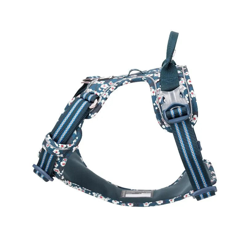 Floral patterned dog vest harness laid flat, showing adjustable straps for big to small dogs