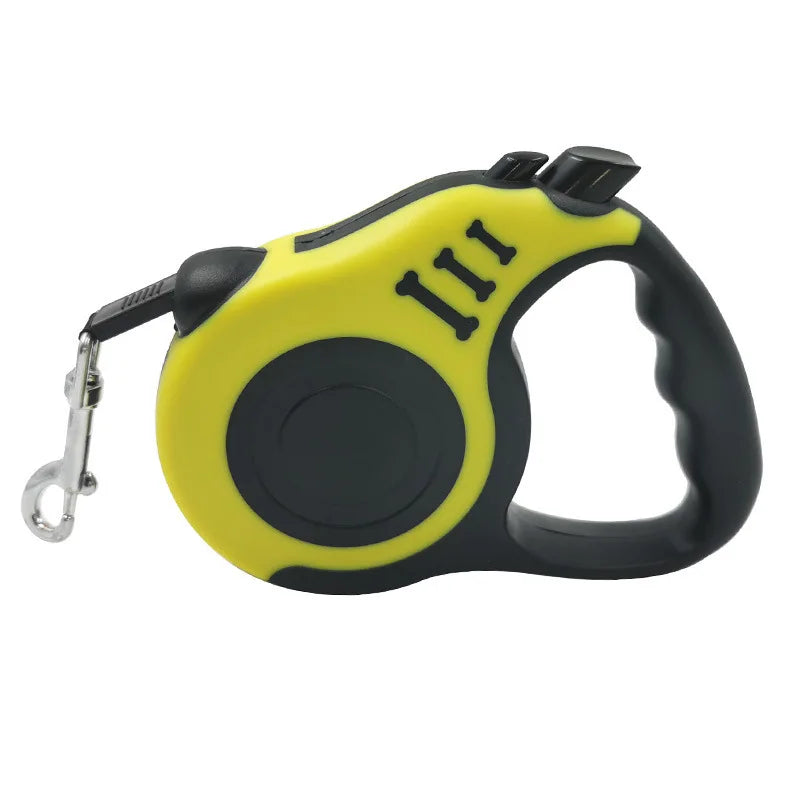 Lifestyle shot of person walking large golden retriever on RoamLine retractable dog lead with colour range shown