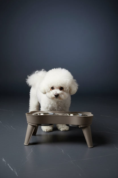 Side profile of SuperDesign elevated dog feeder showing moulded stand and twin bowl placement
