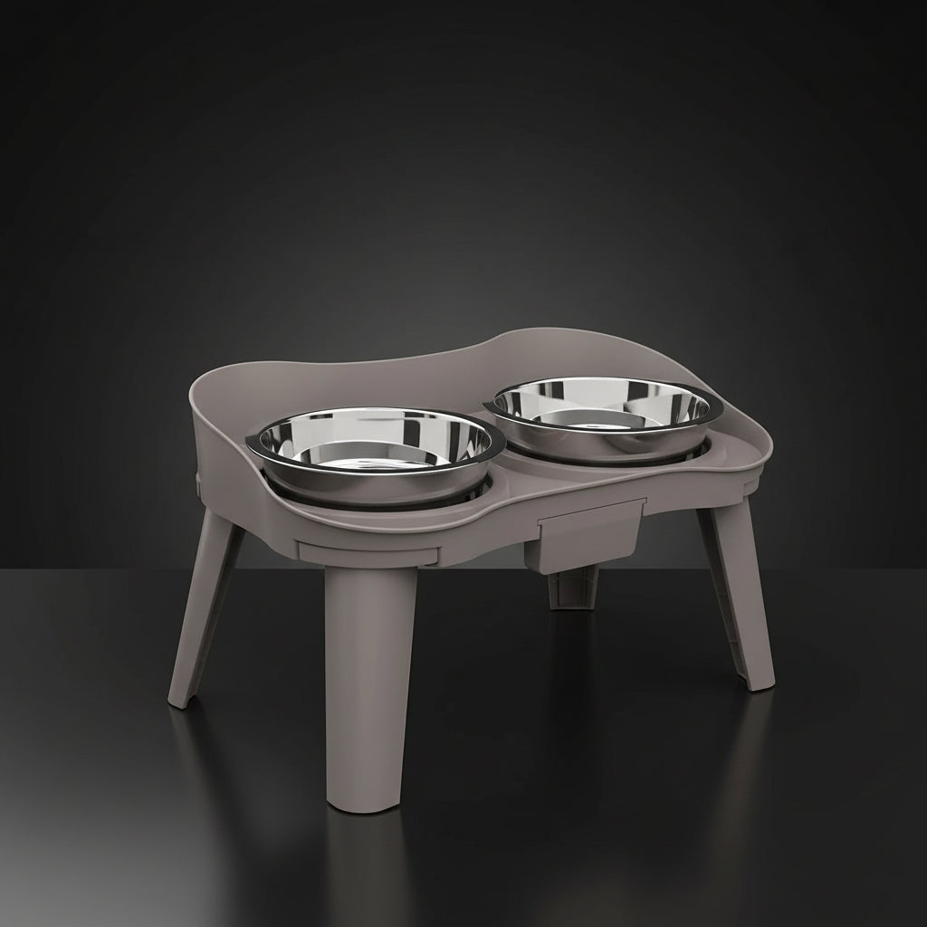  Small breed dog eating from Medium SuperDesign elevated feeder with stainless steel bowls