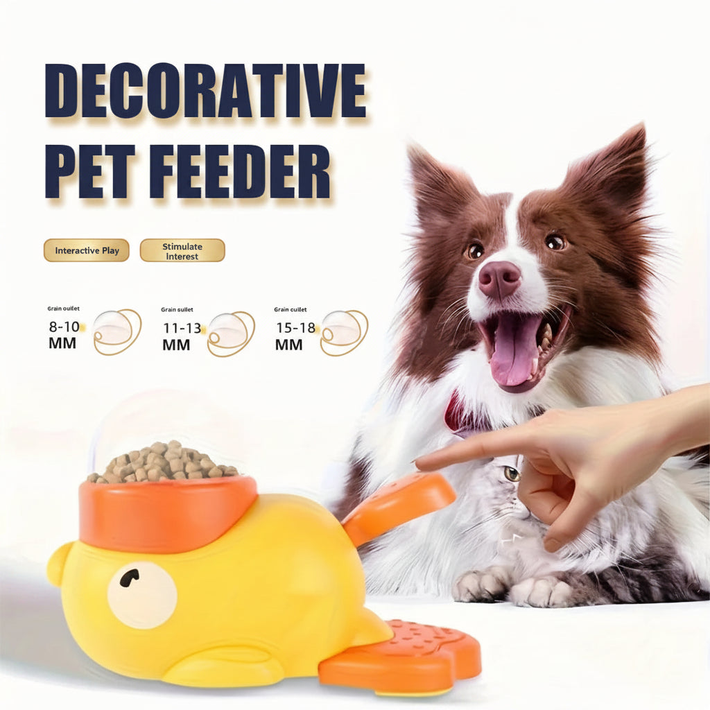 Dog using interactive duck slow feeder toy dispensing treats with paw press