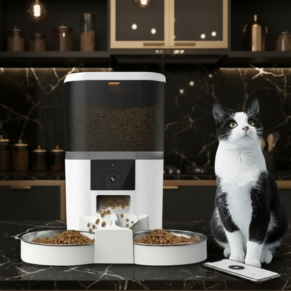 White automatic pet feeder with HD camera placed in a clean kitchen, soft daylight, cat walking away from the bowls after eating.