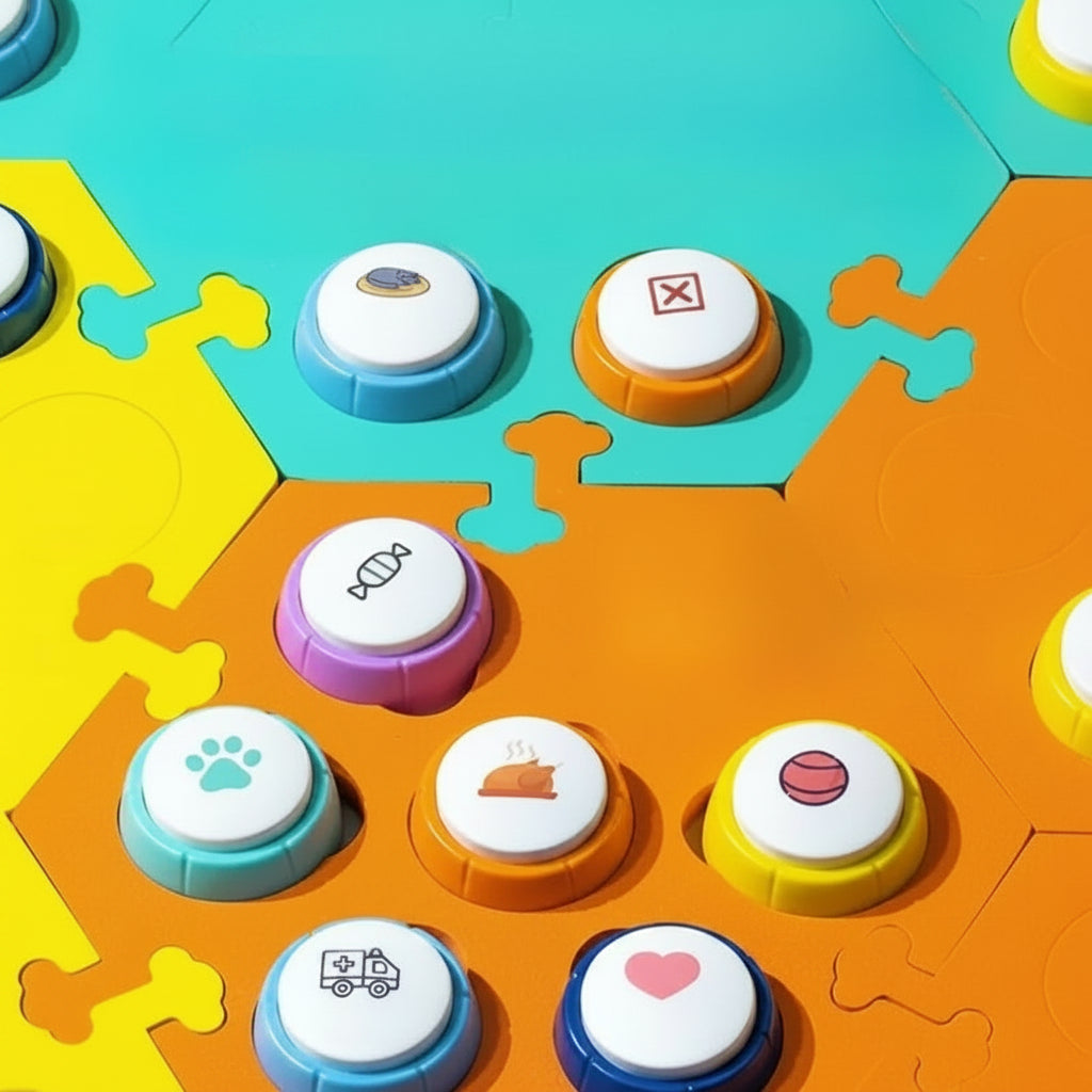 Colorful pet puzzle mat with round buttons featuring various symbols on a multicolored background.
