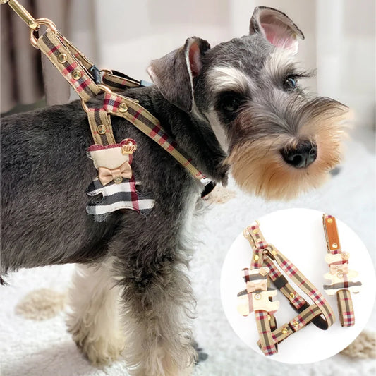 British style plaid pet harness and leash set for dogs and cats