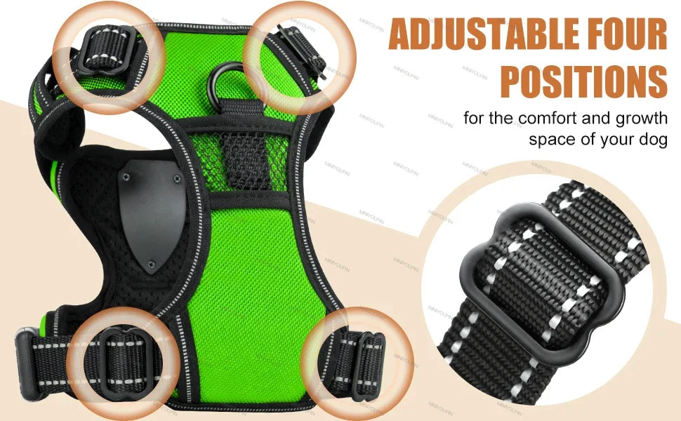 Green NightShield LED dog harness with four-point adjustable straps on beige background