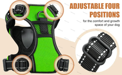 Green dog harness with adjustable straps on a beige background