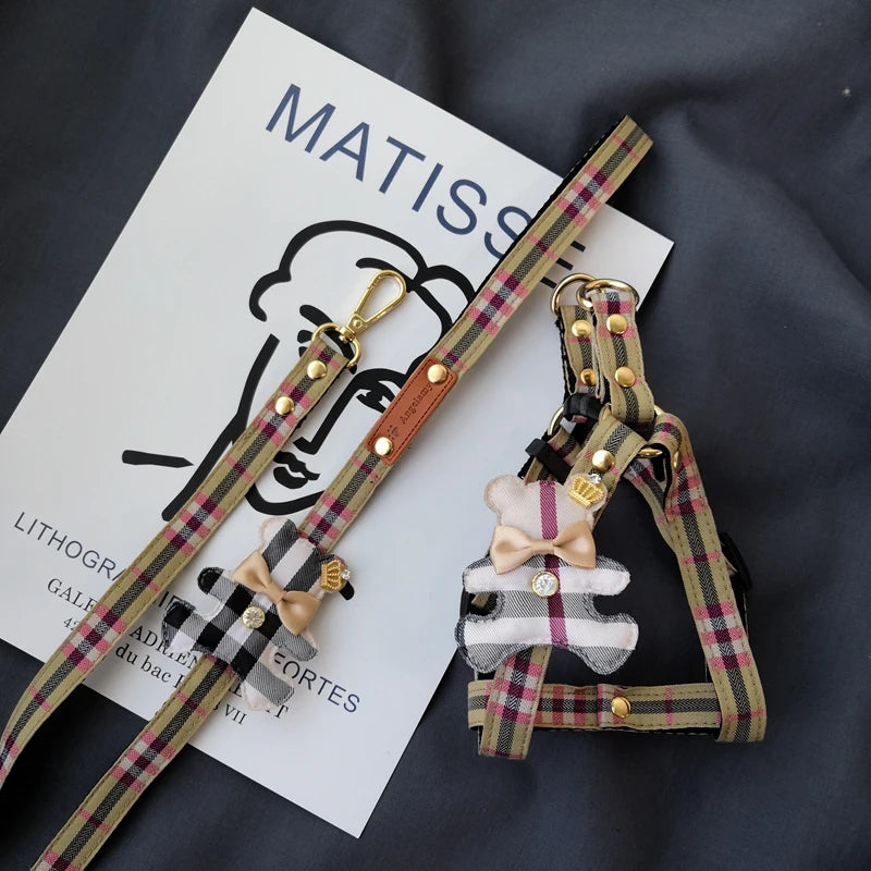 Matching plaid harness and lead set suitable for both cats and small dogs