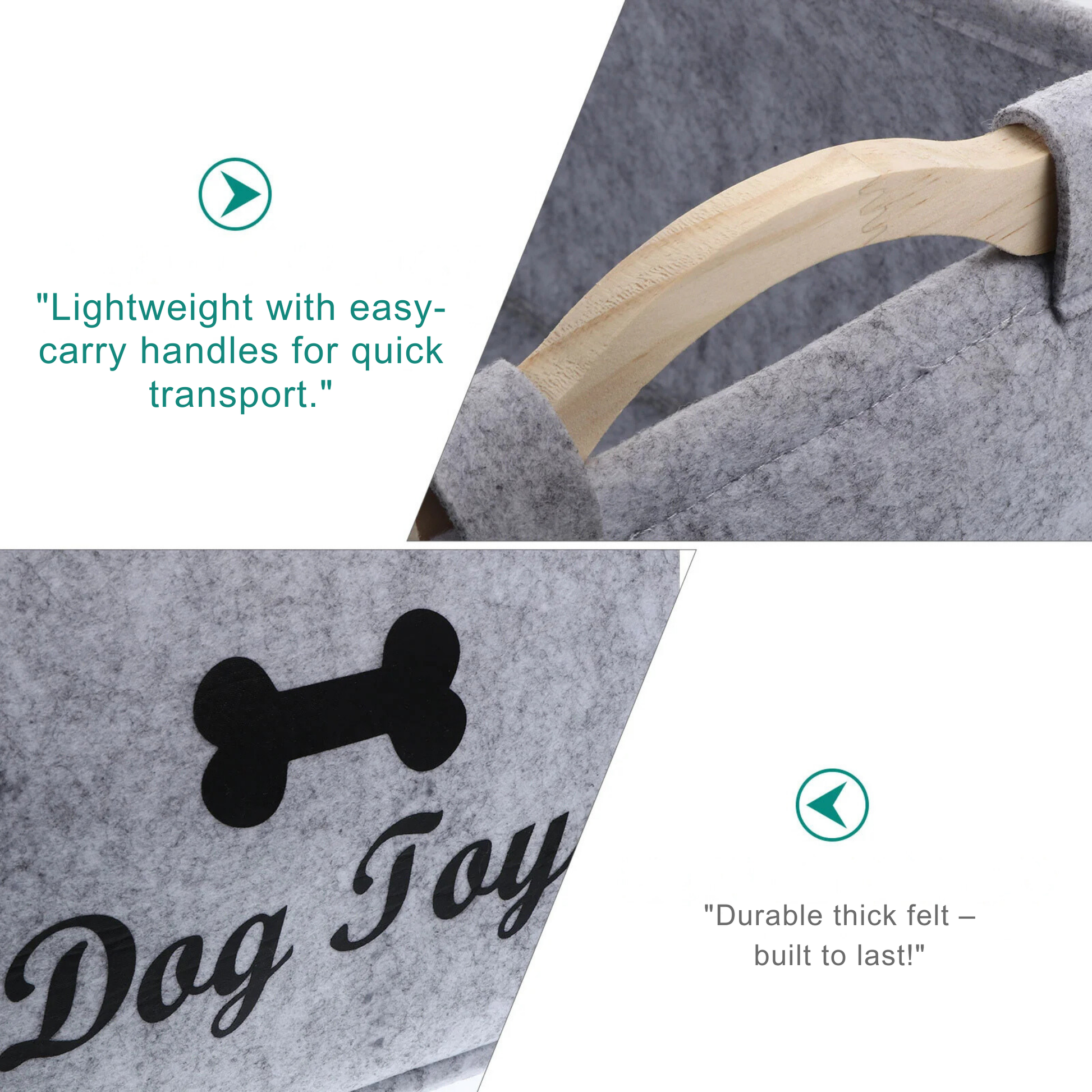  Close-up of smooth wooden carry handle stitched onto grey felt pet toy organizer for easy lifting
