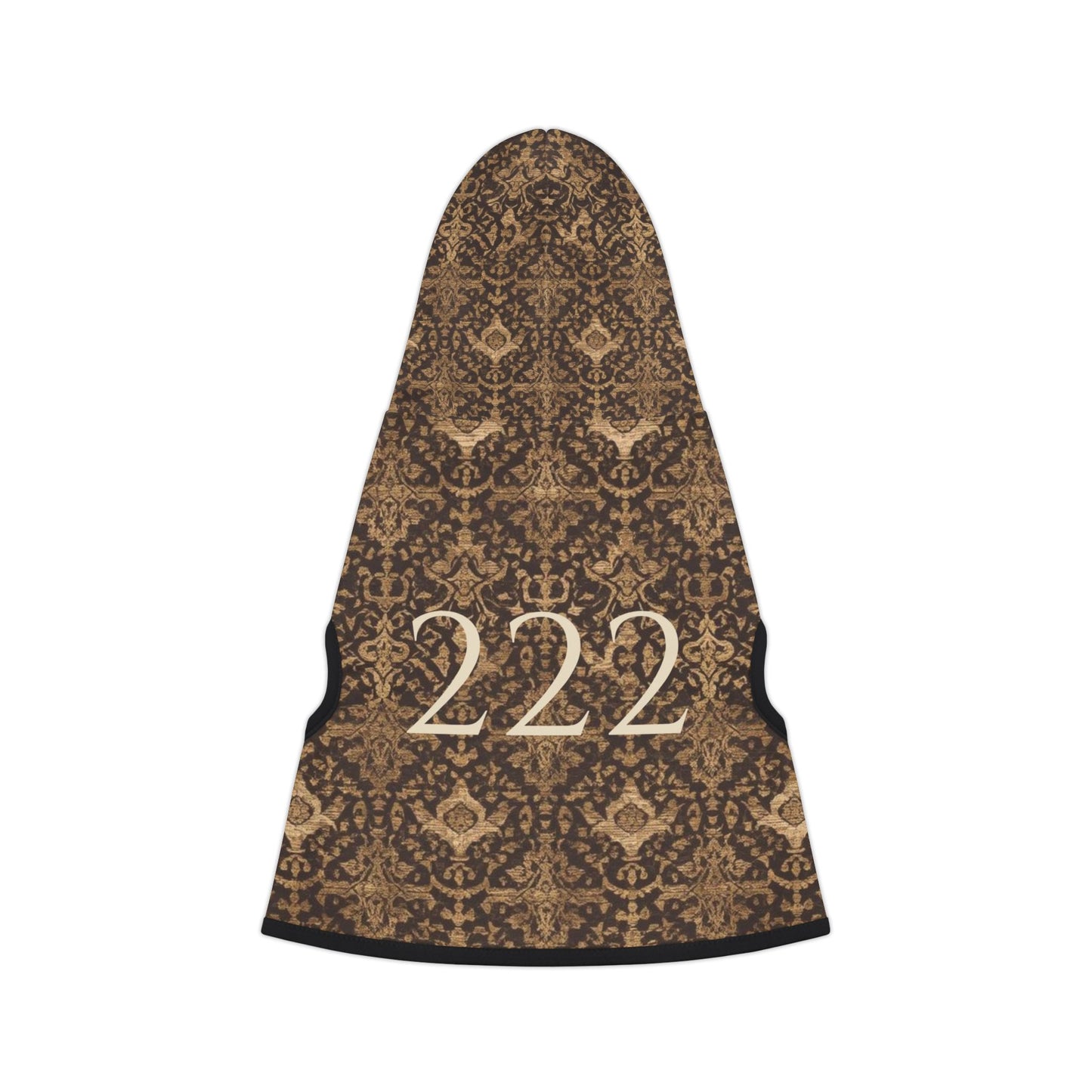 back view of 222 alignment pet hoodie showing full vintage tapestry-inspired pattern