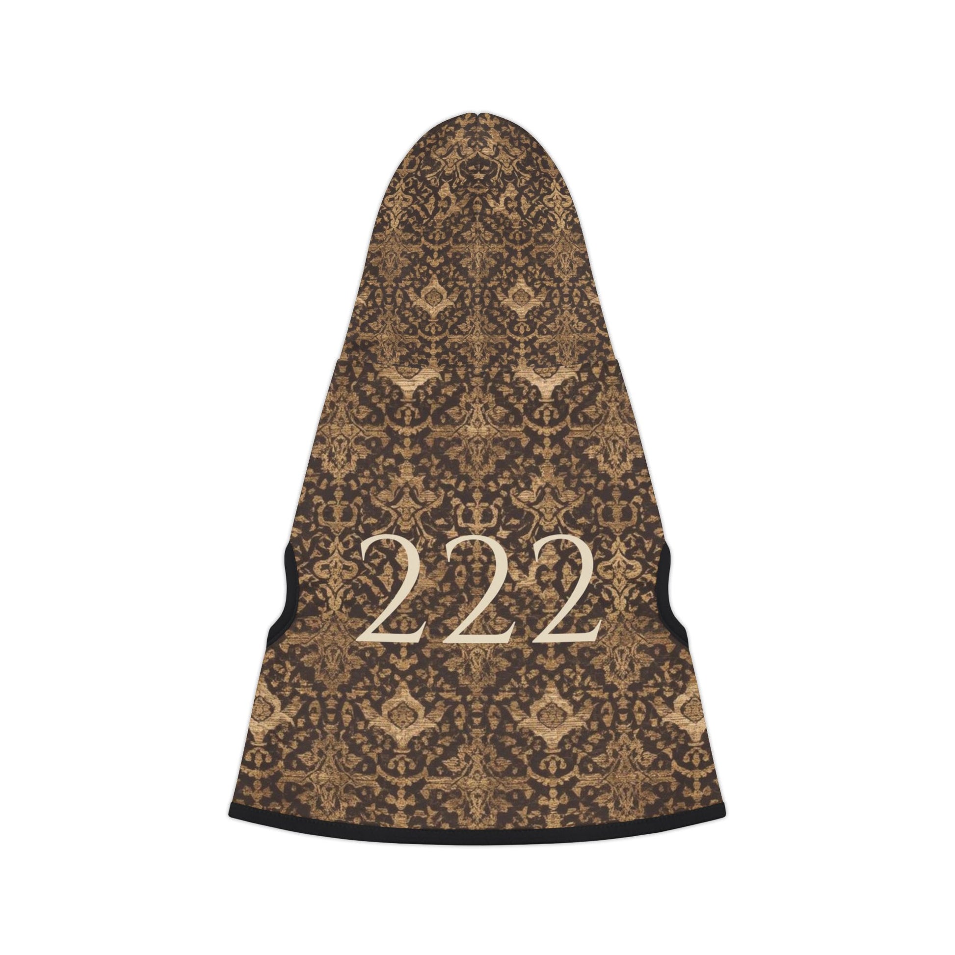 back view of 222 alignment pet hoodie showing full vintage tapestry-inspired pattern