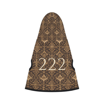 back view of 222 alignment pet hoodie showing full vintage tapestry-inspired pattern