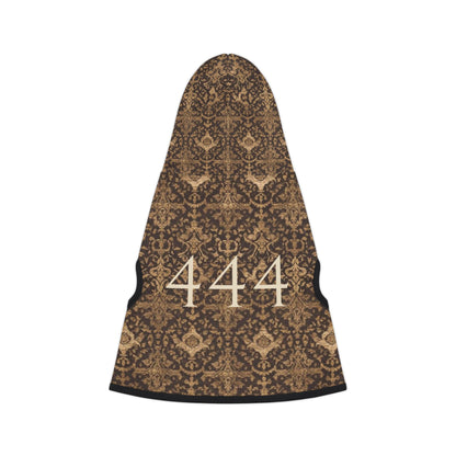 back view of 444 alignment pet hoodie showing vintage tapestry-inspired pattern