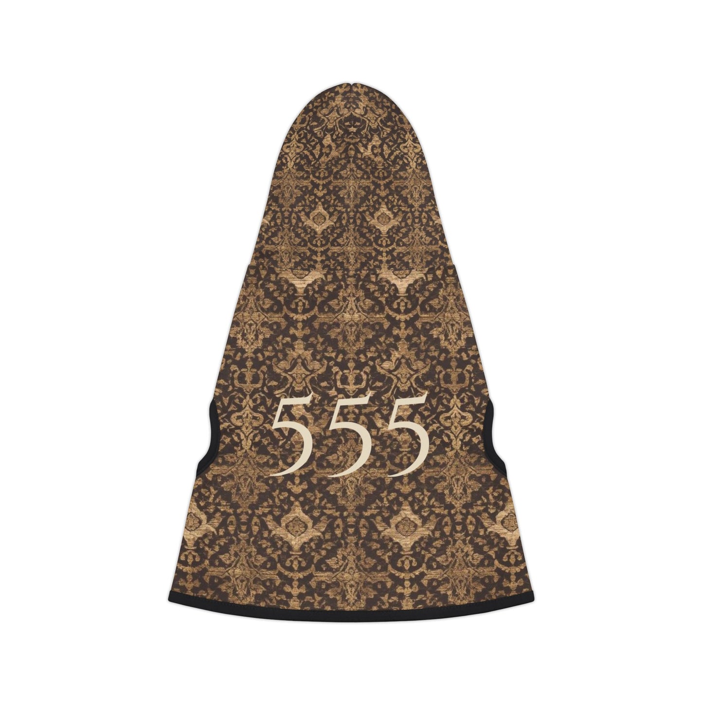back view of 555 alignment pet hoodie showing tapestry-inspired stillness pattern