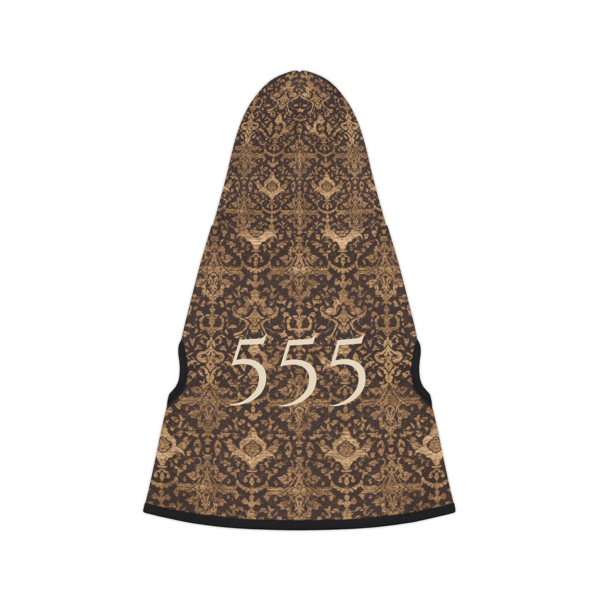 back view of 555 alignment pet hoodie showing tapestry-inspired stillness pattern