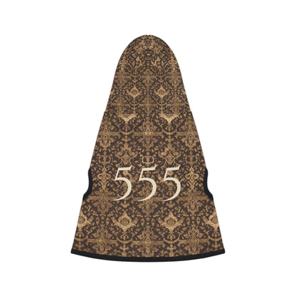 back view of 555 alignment pet hoodie showing tapestry-inspired stillness pattern