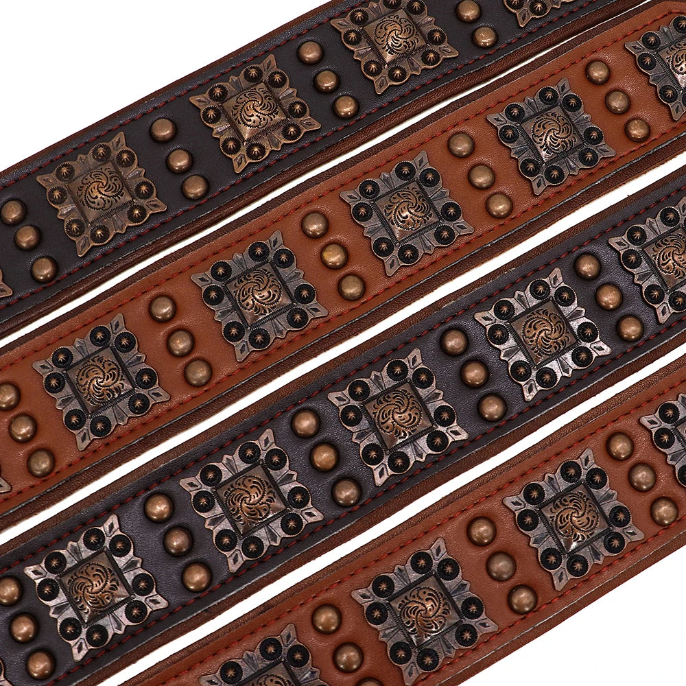 Three decorative leather dog collars with antique copper studs and concho patterns on white background