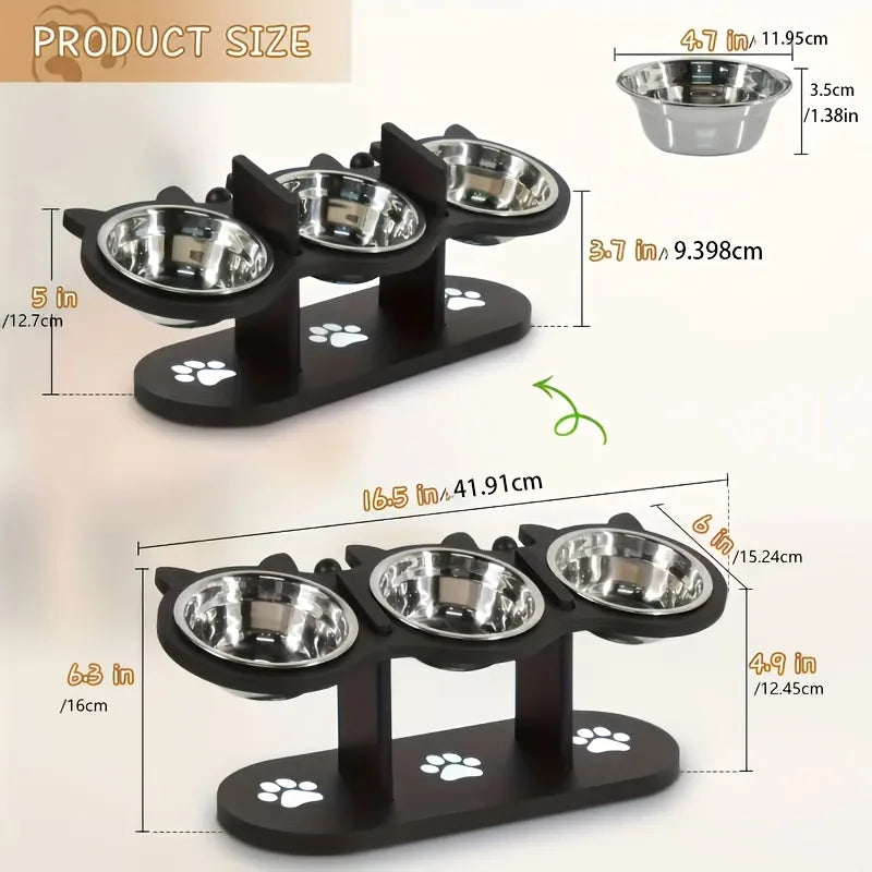 Pet feeding station with three bowls and measurements on a white background
