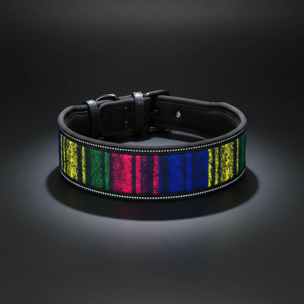 Dog collar with colorful striped pattern on a white background