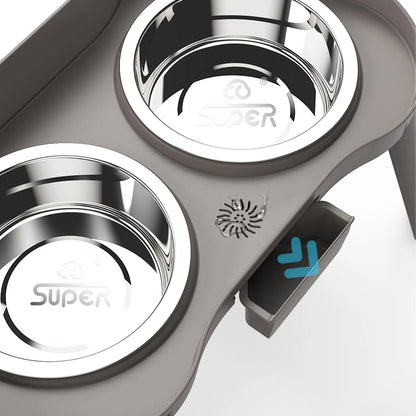 SuperDesign elevated dog feeder with pull-out spill drawer and twin stainless steel bowls in grey