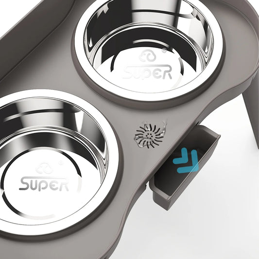 SuperDesign elevated dog feeder with pull-out spill drawer and twin stainless steel bowls in grey