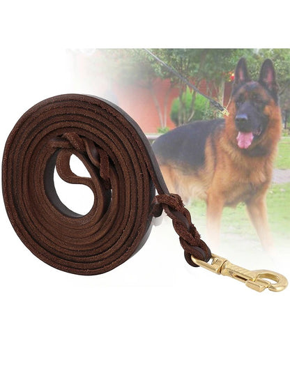 Full-length view of the IronPaw Heritage hand-braided leather dog lead in Heritage Brown with polished-metal swivel clasp.
