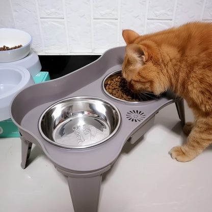 Overhead view of SuperDesign elevated feeder showing two stainless steel bowls for food and water