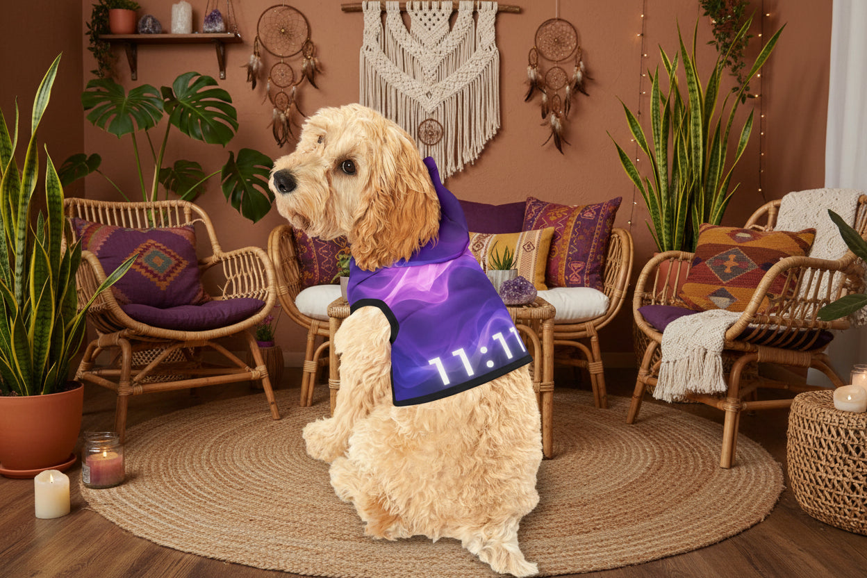 Trendy aesthetic dog hoodie with purple smoke pattern and angel number 11:11