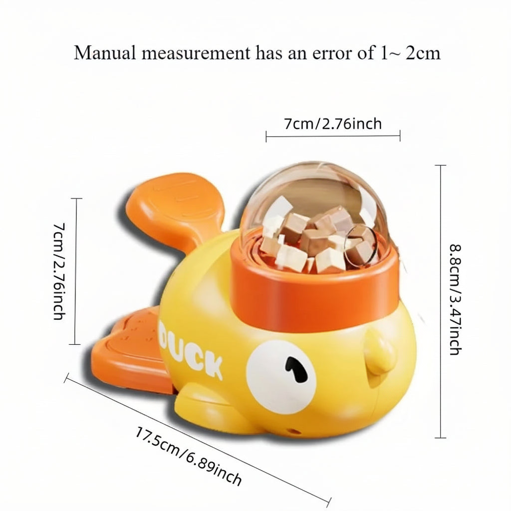 Measurement chart of a duck-shaped puzzle toy with dimensions labeled.